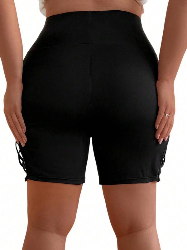 Plus Size Criss Cross Cut Out High Waist Shorts, Casual Comfy Breathable Skinny Shorts for Daily Wear, Women's Bottoms for Spring & Fall